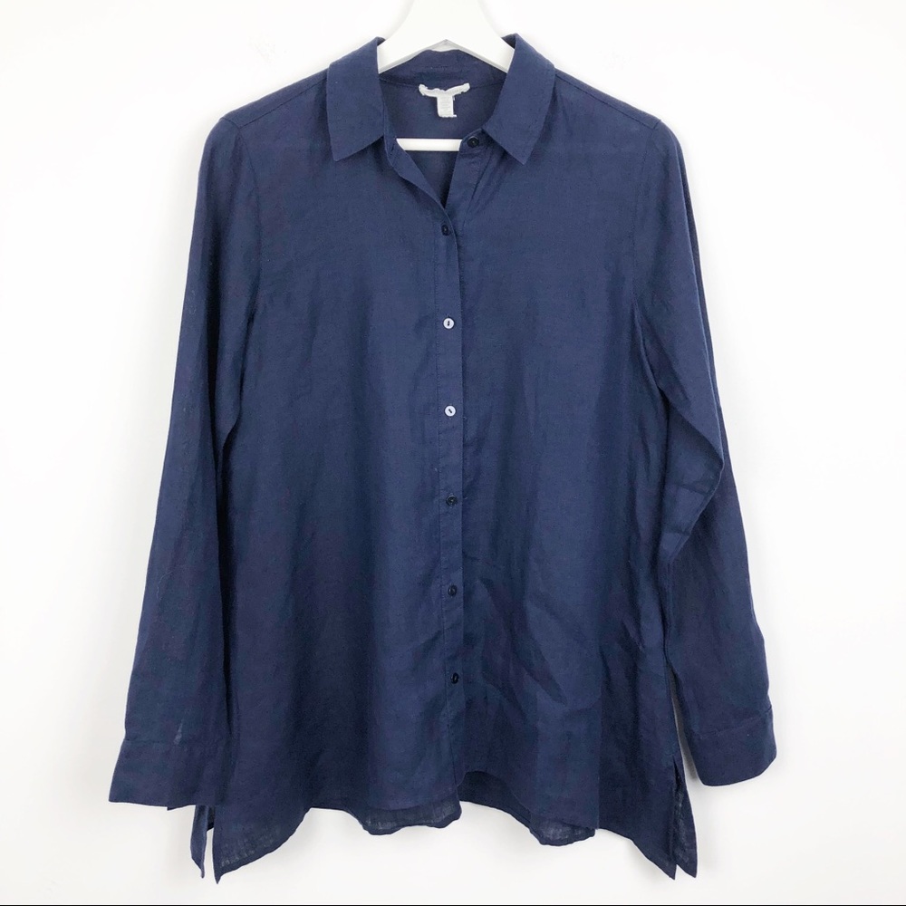 Eileen Fisher Irish Linen Button Down Shirt Navy